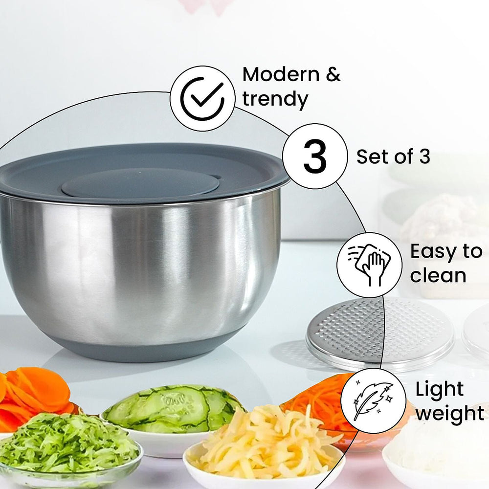 Splash Bowl with Antiskid Base with 3 Graters (Size 20x16 cm) - Silver