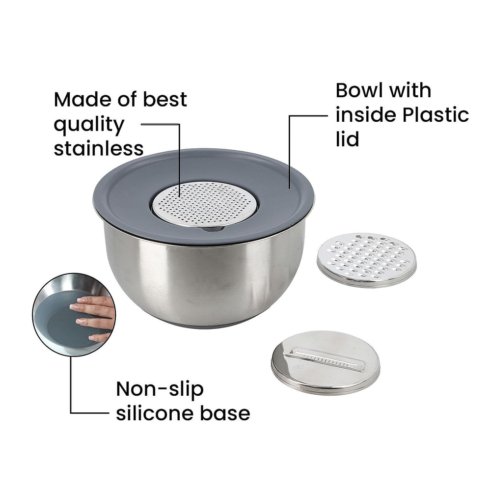Splash Bowl with Antiskid Base with 3 Graters (Size 20x16 cm) - Silver