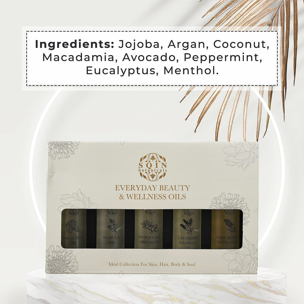MEGA VALUE DEAL - Set of 5 Oils -1 Muscle Oil, 1 Lavender oil,  1 Marula oil, 1 Argan oil & 1 Bakuchiol Oil (30ml each) Spray Bottles