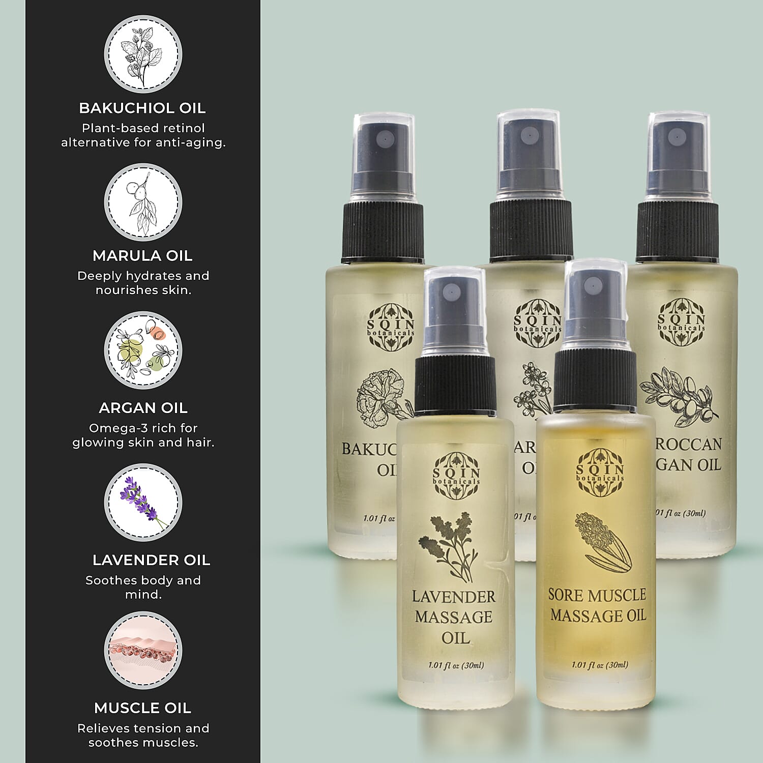 MEGA VALUE DEAL - Set of 5 Oils -1 Muscle Oil, 1 Lavender oil,  1 Marula oil, 1 Argan oil & 1 Bakuchiol Oil (30ml each) Spray Bottles