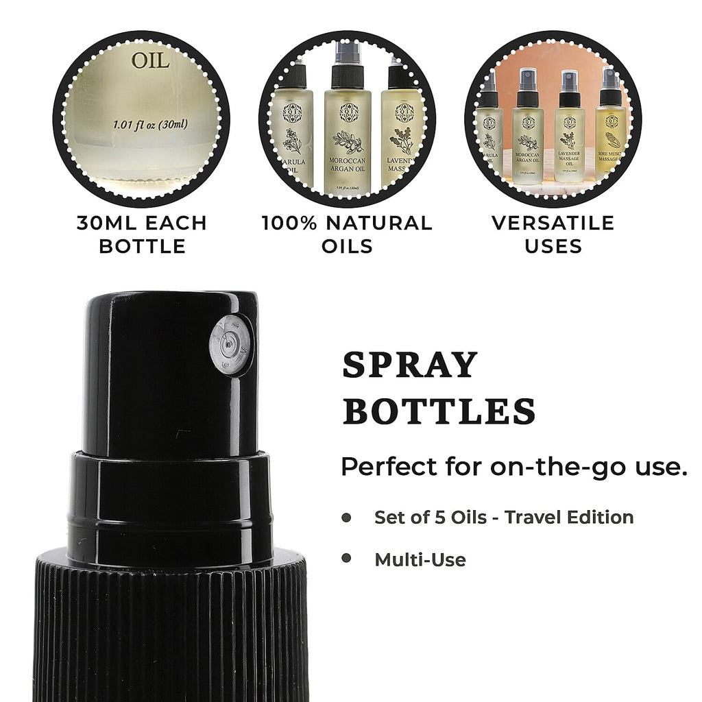 MEGA VALUE DEAL - Set of 5 Oils -1 Muscle Oil, 1 Lavender oil,  1 Marula oil, 1 Argan oil & 1 Bakuchiol Oil (30ml each) Spray Bottles