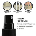 MEGA VALUE DEAL - Set of 5 Oils -1 Muscle Oil, 1 Lavender oil,  1 Marula oil, 1 Argan oil & 1 Bakuchiol Oil (30ml each) Spray Bottles