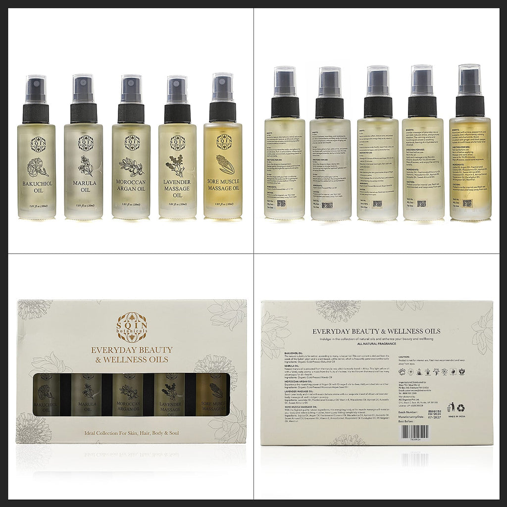 MEGA VALUE DEAL - Set of 5 Oils -1 Muscle Oil, 1 Lavender oil,  1 Marula oil, 1 Argan oil & 1 Bakuchiol Oil (30ml each) Spray Bottles