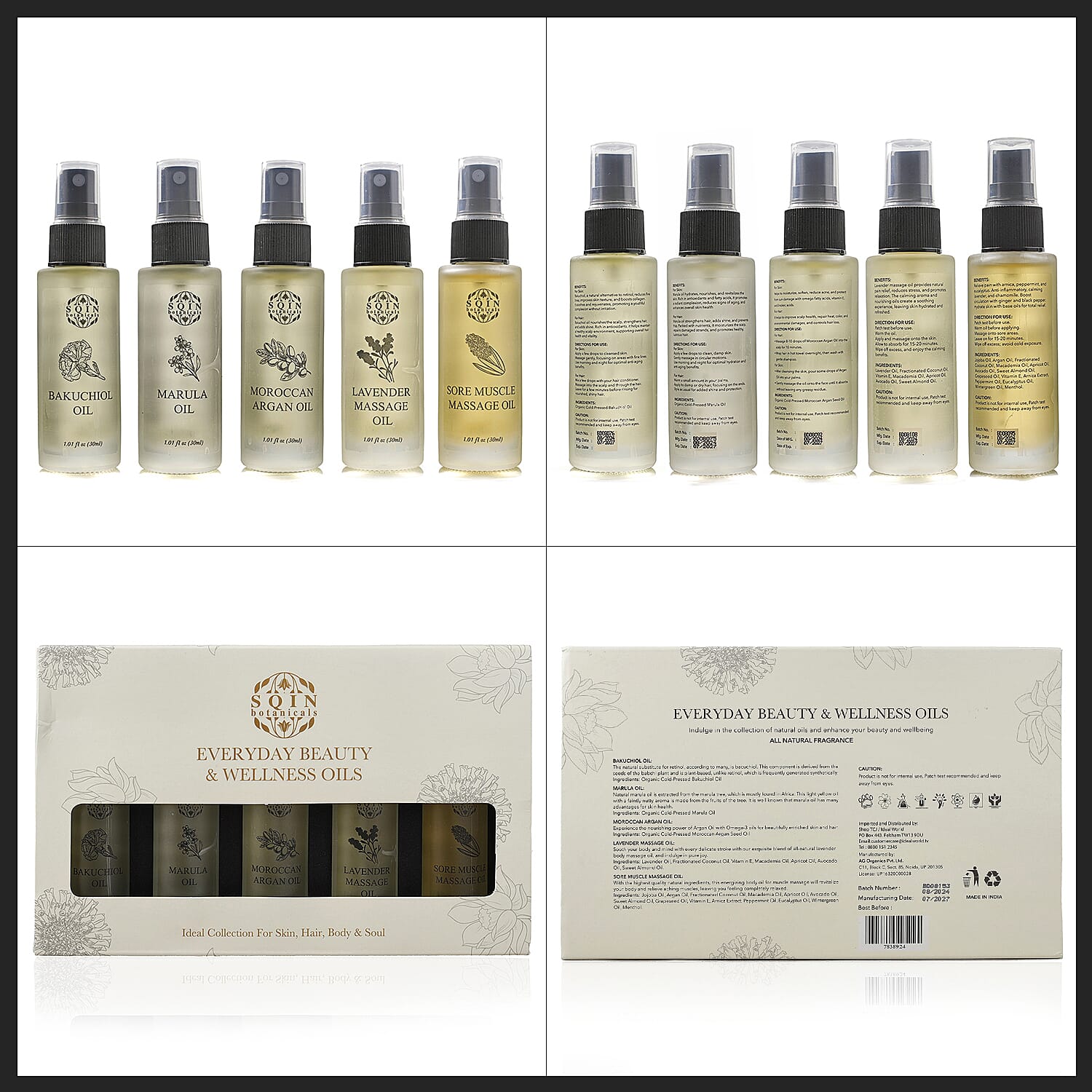MEGA VALUE DEAL - Set of 5 Oils -1 Muscle Oil, 1 Lavender oil,  1 Marula oil, 1 Argan oil & 1 Bakuchiol Oil (30ml each) Spray Bottles