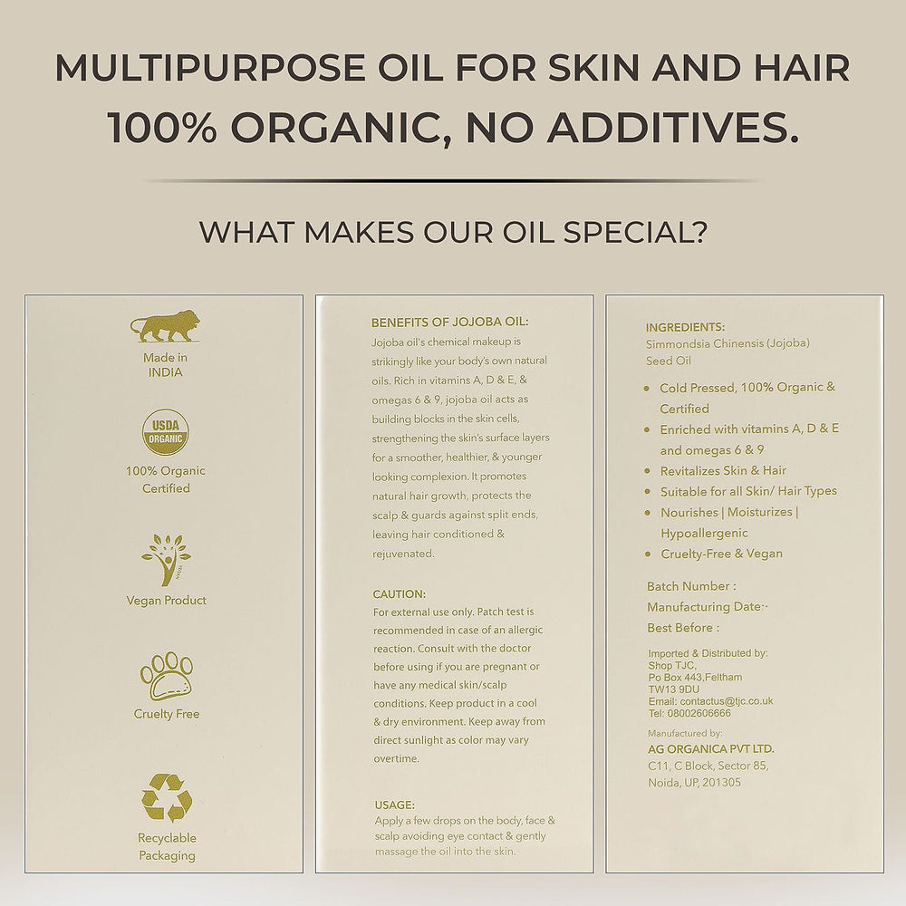 Sqin Botanicals - 100% Organic Cold Pressed Natural Jojoba Oil  200ml