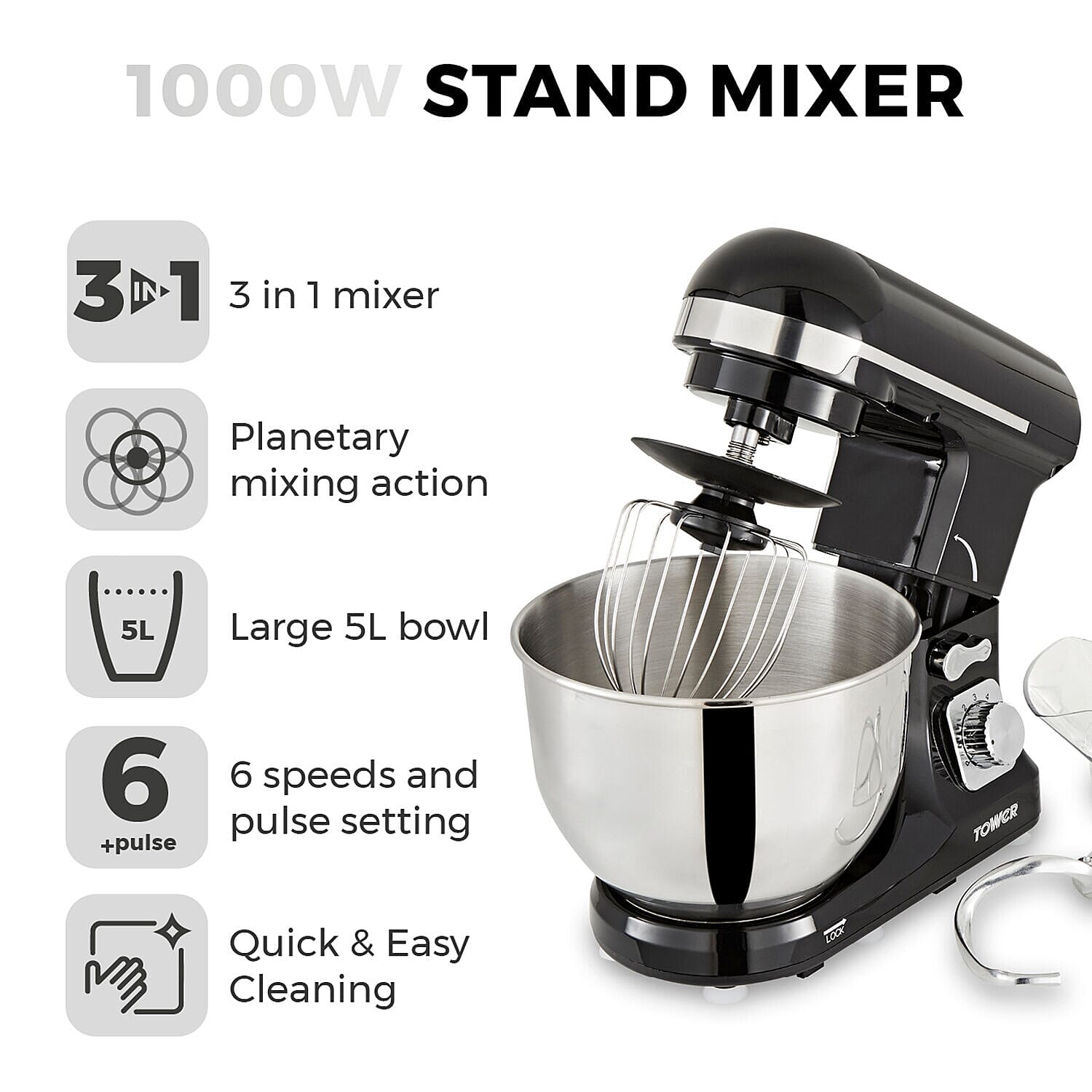 Tower Stand Mixer with 5L Stainless Steel Bowl And Dough Hook, Beater and Balloon Whisk - 1000w - Black