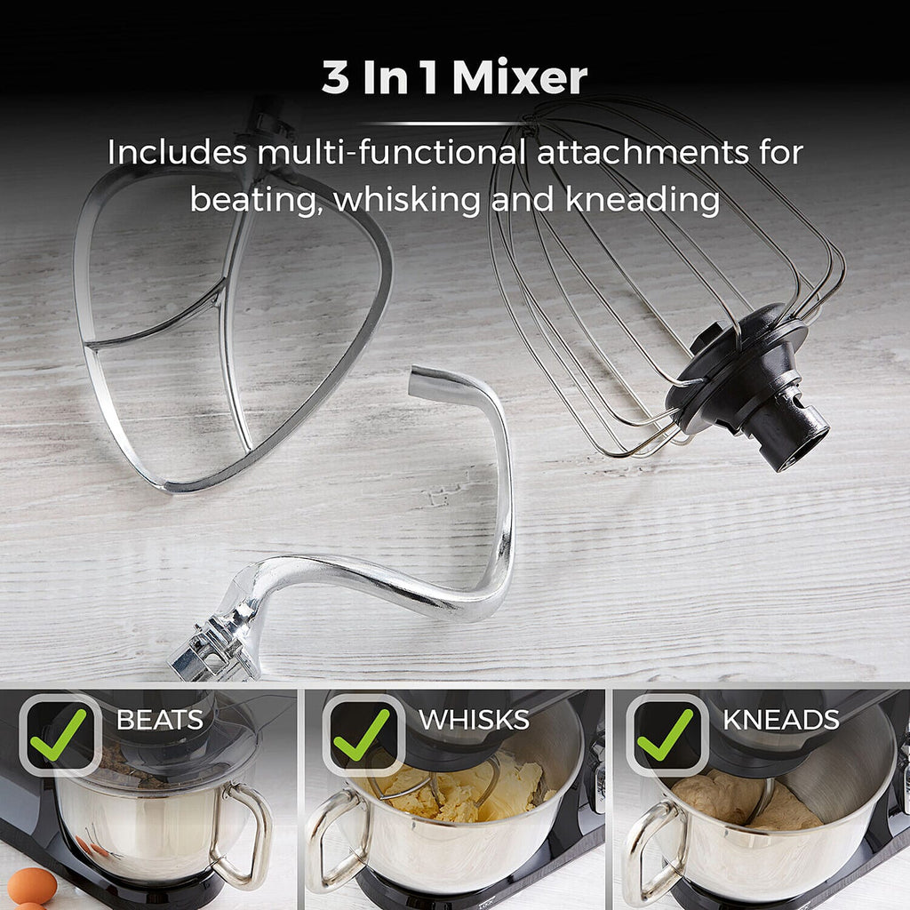 Tower Stand Mixer with 5L Stainless Steel Bowl And Dough Hook, Beater and Balloon Whisk - 1000w - Black
