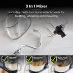 Tower Stand Mixer with 5L Stainless Steel Bowl And Dough Hook, Beater and Balloon Whisk - 1000w - Black
