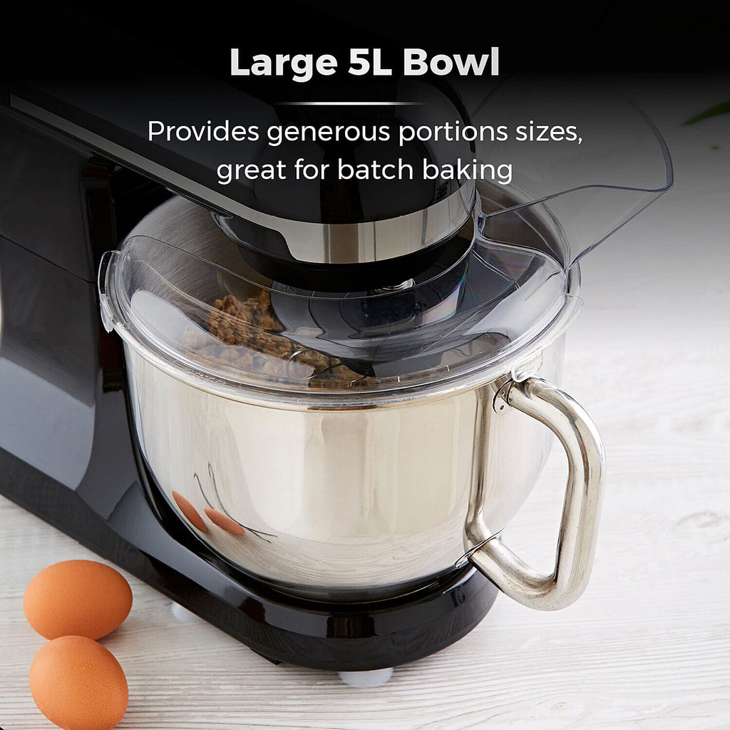 Tower Stand Mixer with 5L Stainless Steel Bowl And Dough Hook, Beater and Balloon Whisk - 1000w - Black