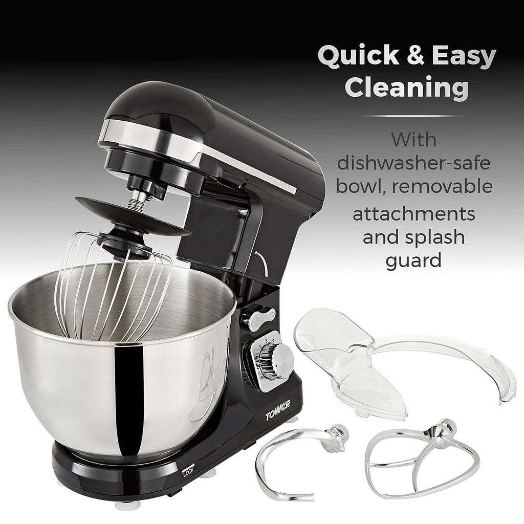 Tower Stand Mixer with 5L Stainless Steel Bowl And Dough Hook, Beater and Balloon Whisk - 1000w - Black