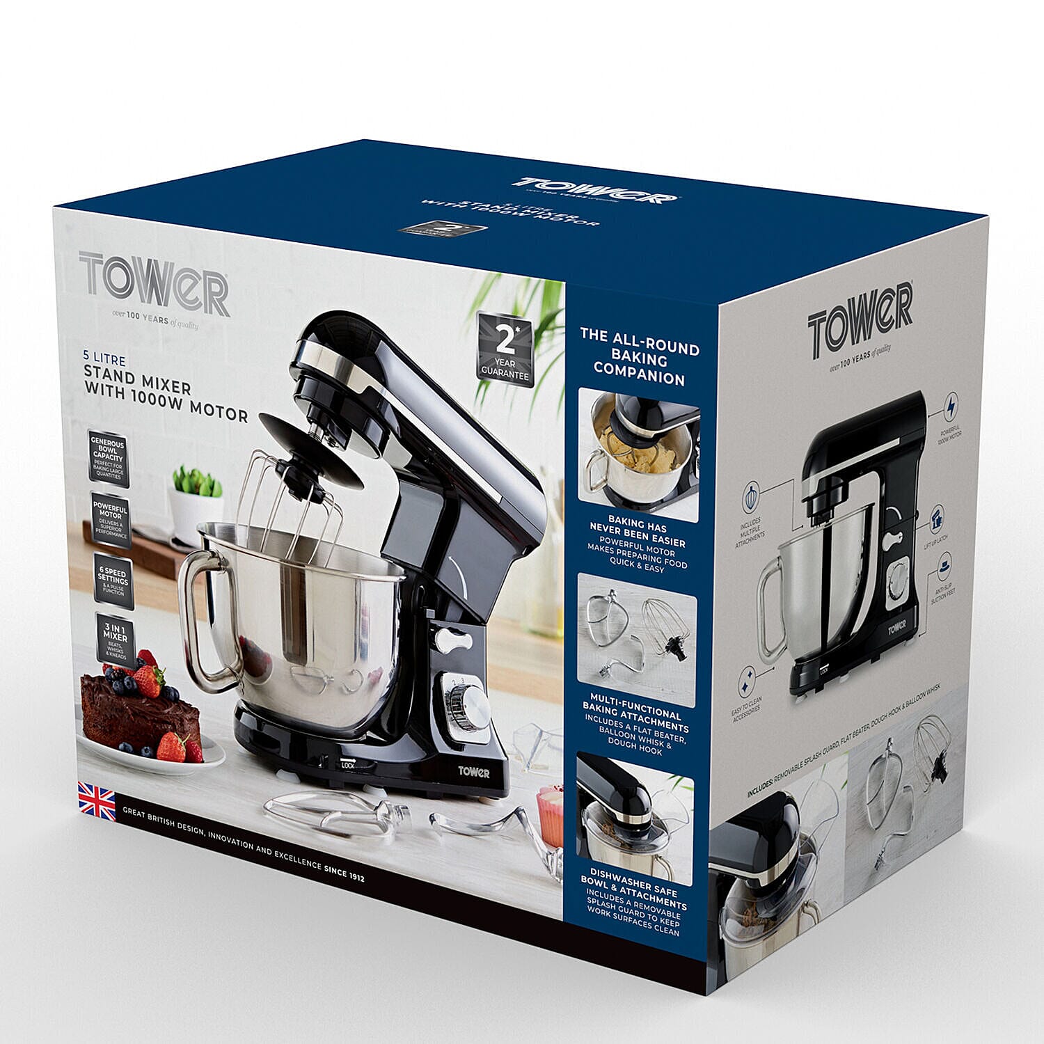 Tower Stand Mixer with 5L Stainless Steel Bowl And Dough Hook, Beater and Balloon Whisk - 1000w - Black