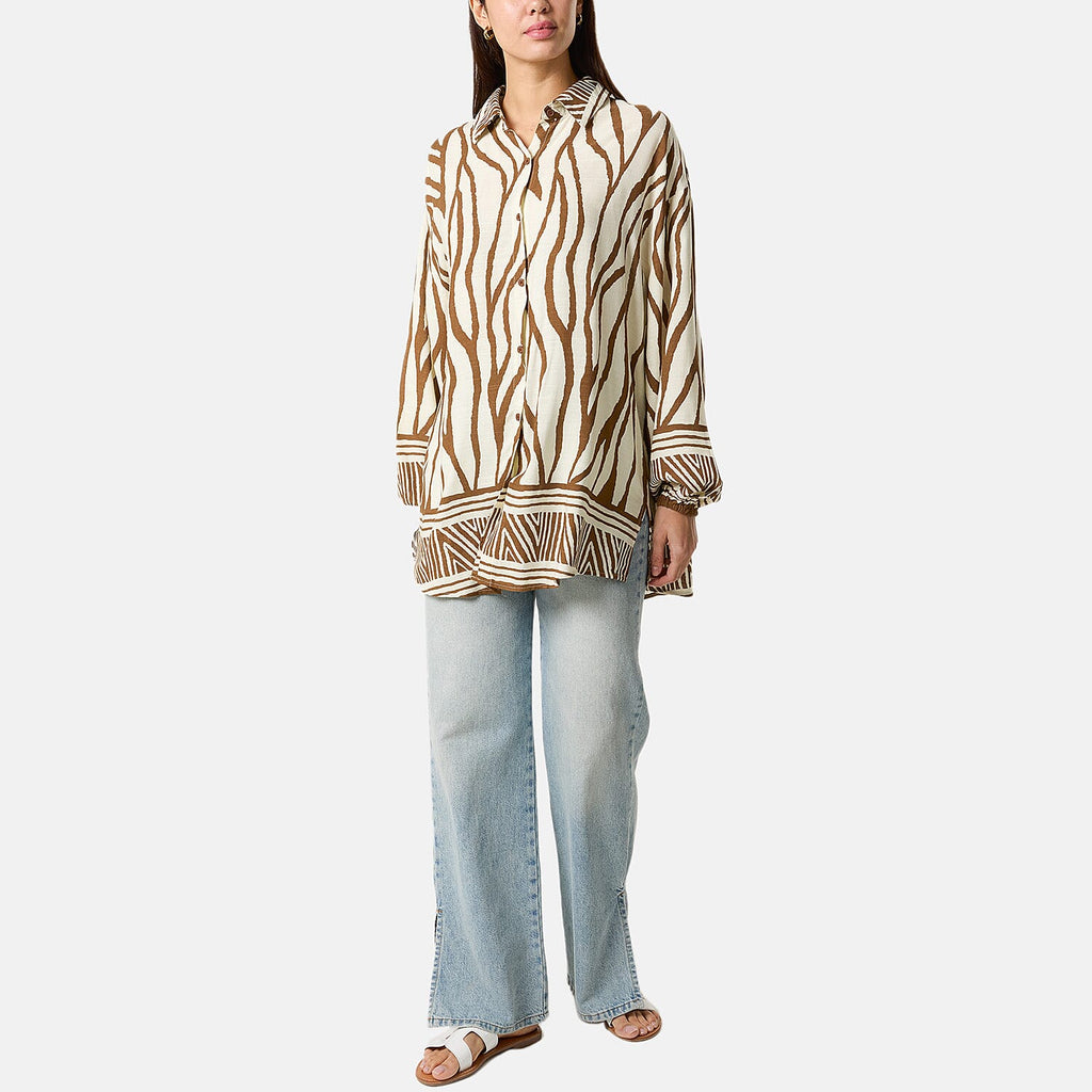 Statement Zebra Print Button-Down Top (One Size) - Brown