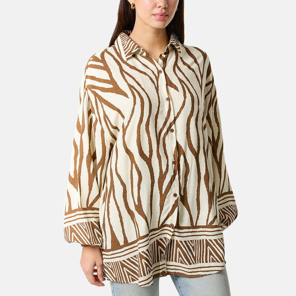 Statement Zebra Print Button-Down Top (One Size) - Brown