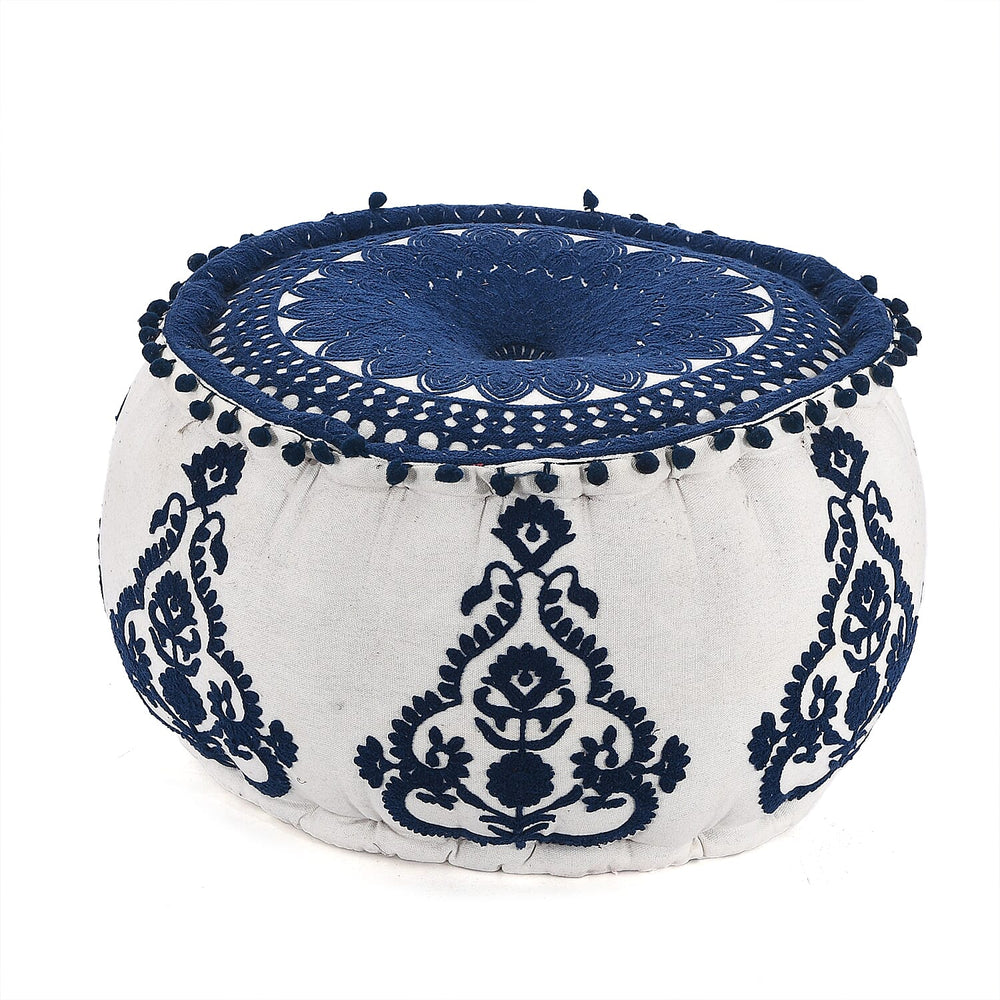 Cotton Ottoman With Embroidery (Size 40x25 cm) - Blue