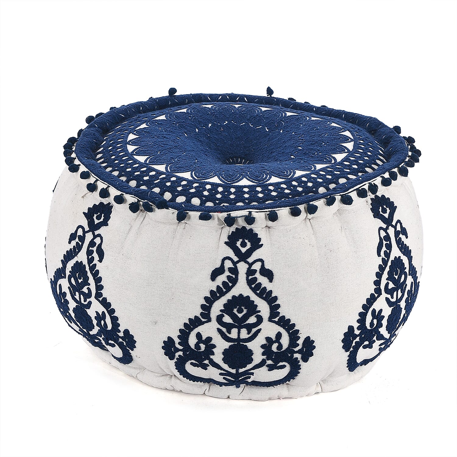 Cotton Ottoman With Embroidery (Size 40x25 cm) - Blue