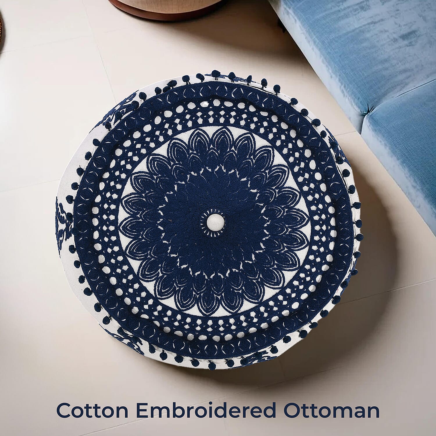 Cotton Ottoman With Embroidery (Size 40x25 cm) - Blue