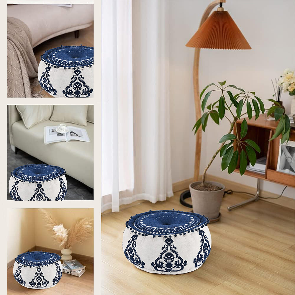 Cotton Ottoman With Embroidery (Size 40x25 cm) - Blue