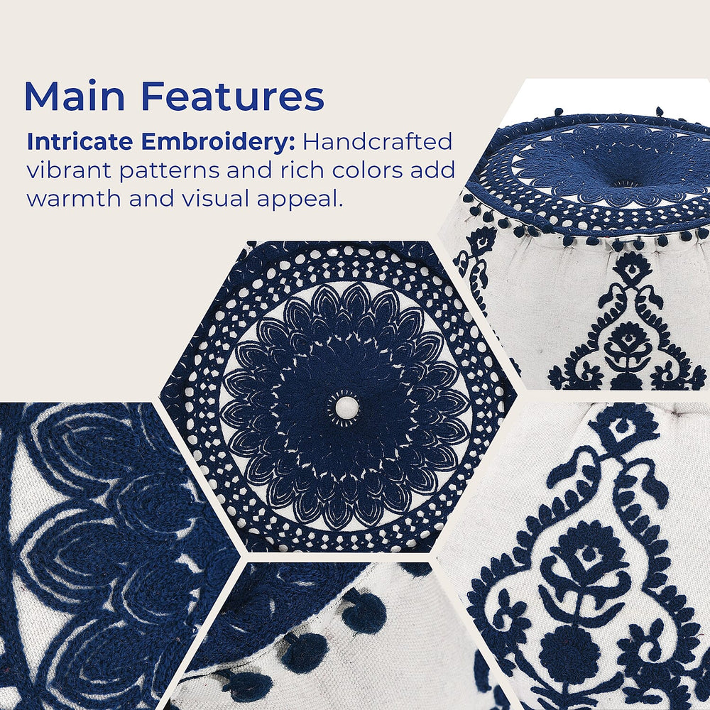 Cotton Ottoman With Embroidery (Size 40x25 cm) - Blue