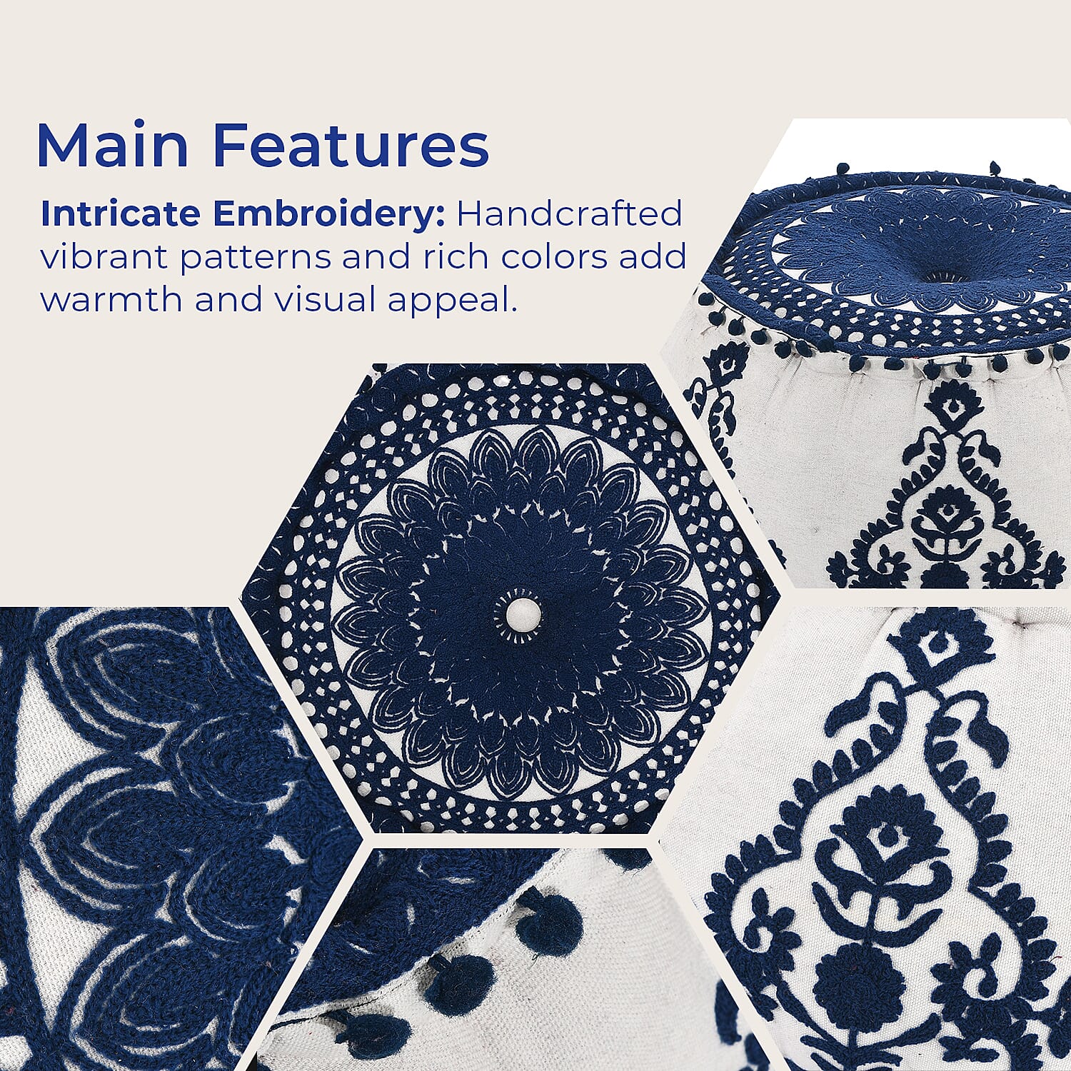 Cotton Ottoman With Embroidery (Size 40x25 cm) - Blue