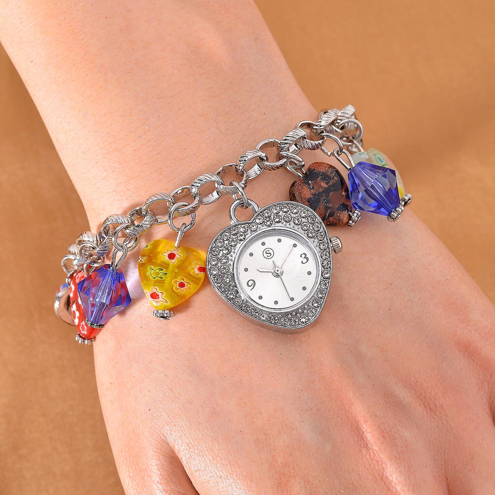 STRADA Japanese Movt. Water-Resistant Multi Colour Murano Style Beads Charm Bracelet Watch (Size 8-1 Ext.)