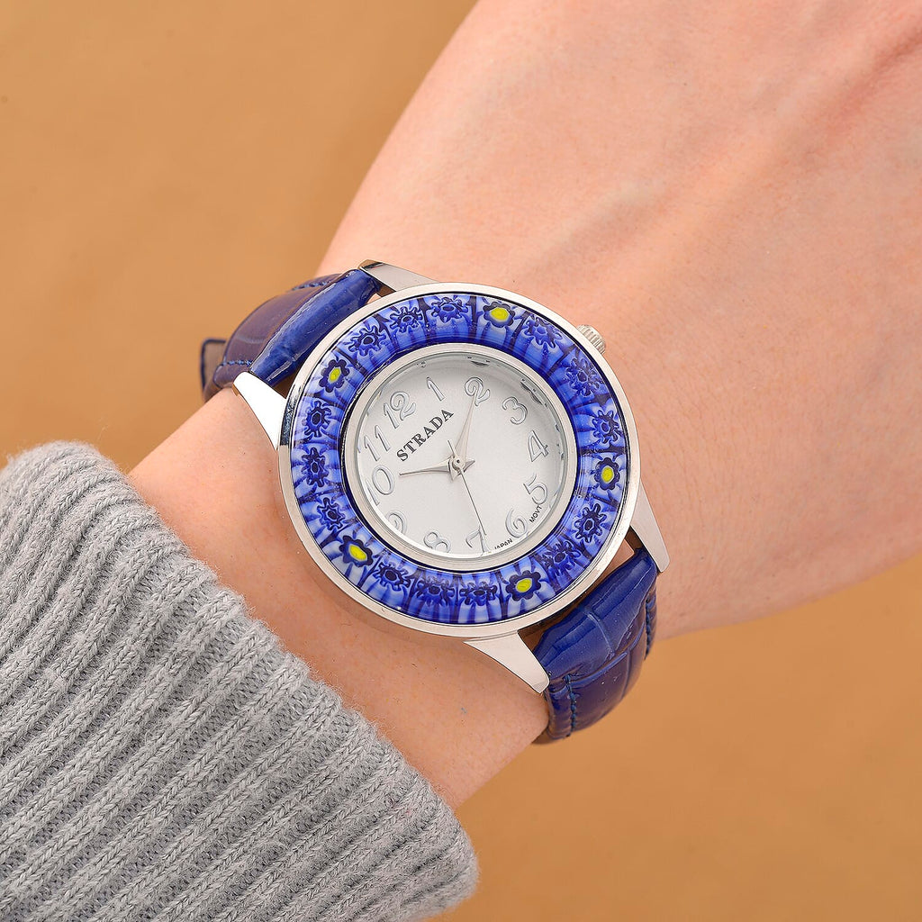 STRADA Murano Style Glass Ring PC21S Japanese Quartz Movt. Steel Plated Watch with White Dial and Blue Leather Strap