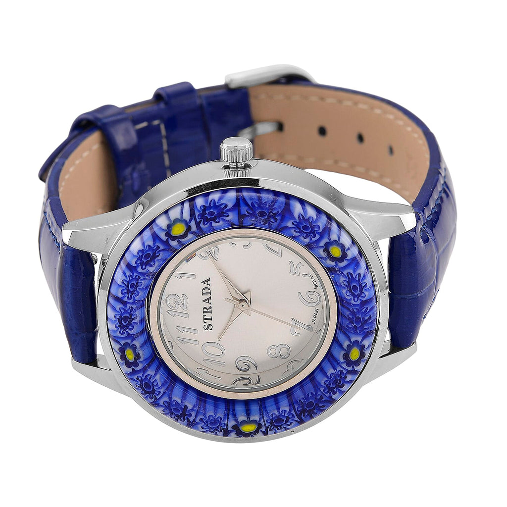 STRADA Murano Style Glass Ring PC21S Japanese Quartz Movt. Steel Plated Watch with White Dial and Blue Leather Strap