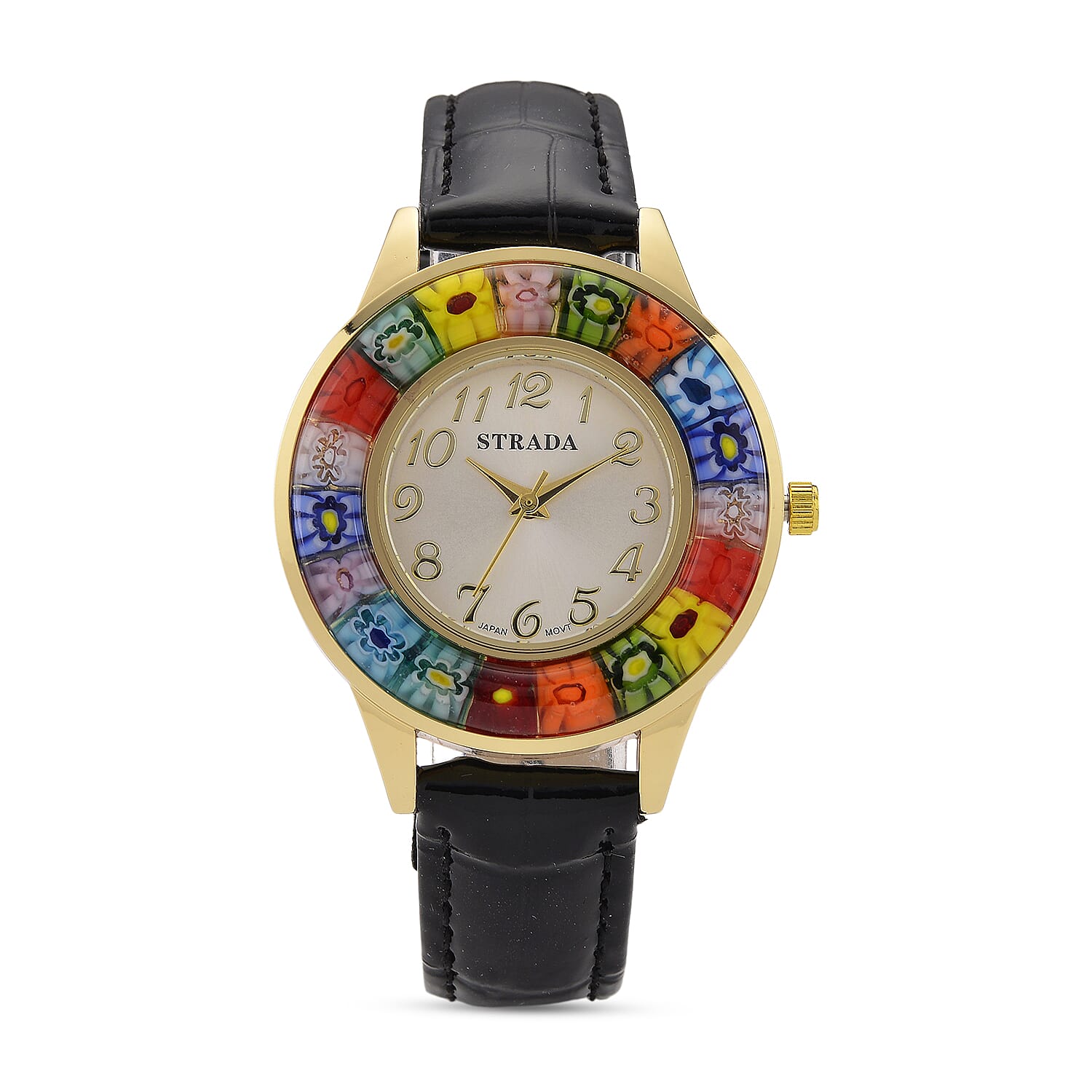 STRADA Murano Style Glass Ring PC21S Japanese Quartz Movt. Gold Plated Watch with White Dial and Black Leather Strap