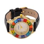 STRADA Murano Style Glass Ring PC21S Japanese Quartz Movt. Gold Plated Watch with White Dial and Black Leather Strap