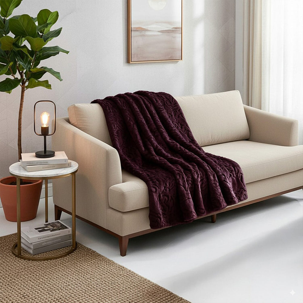 THE OPULENT LUXURY - HUSH HAVEN Ultra Soft - Warm Sumptuous Double Layer Sherpa Faux Fur Blanket 680 GSM (180 x 150 cm) - Dark Wine