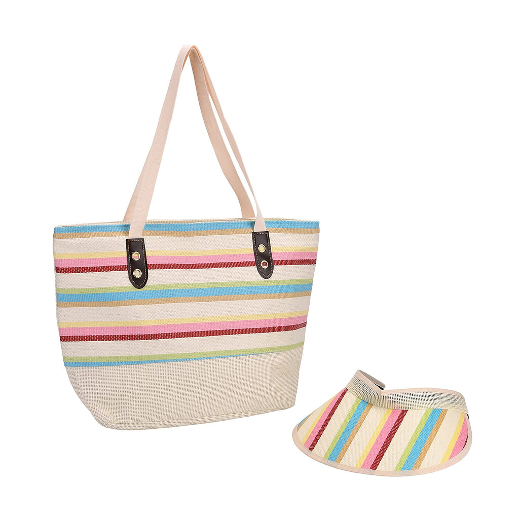 Set of 2- Blue Striped Pattern Tote Bag with Sun Hat (Visor) - Beach - Travel Ready