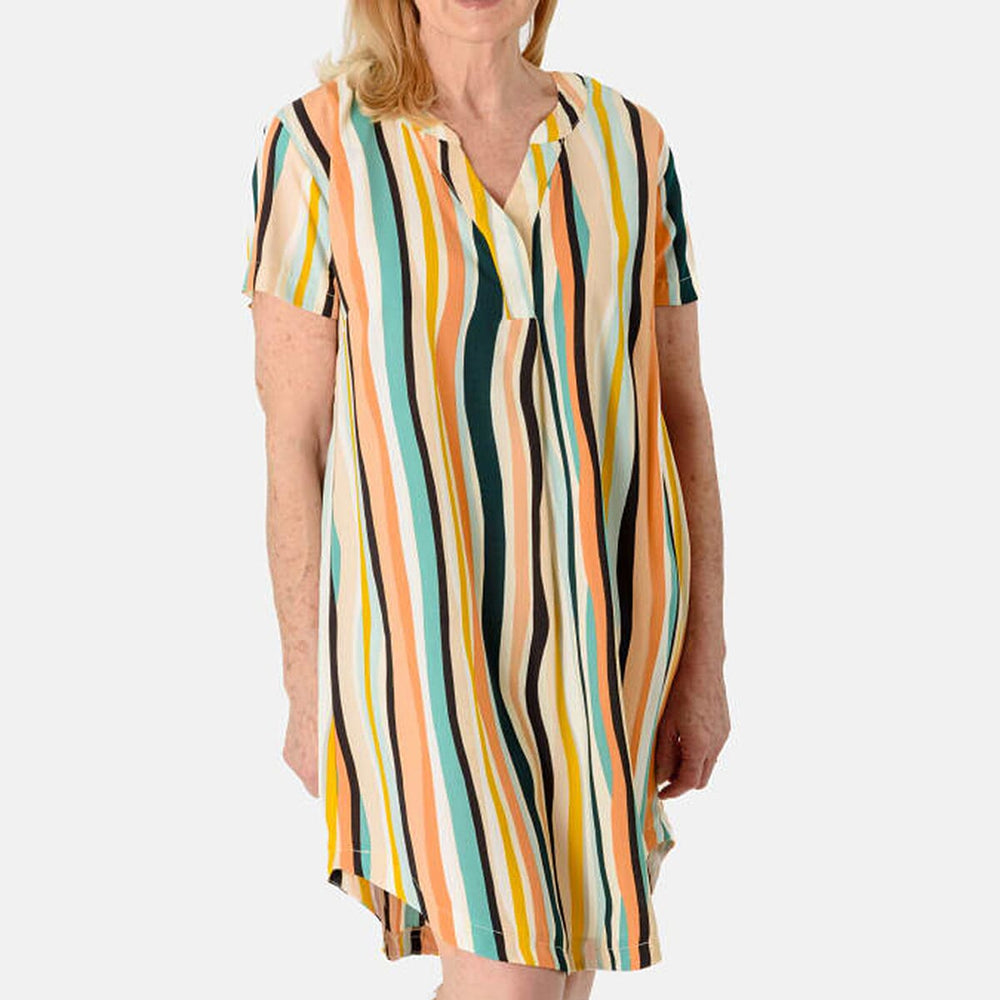 Marina Kaneva Casual Multi-Color Striped V-Neck Dress with Short Sleeves (Size 18)