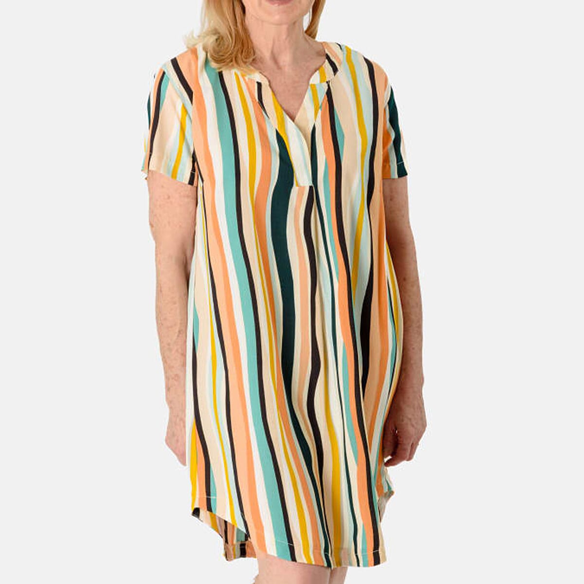 Marina Kaneva Casual Multi-Color Striped V-Neck Dress with Short Sleeves (Size 22)