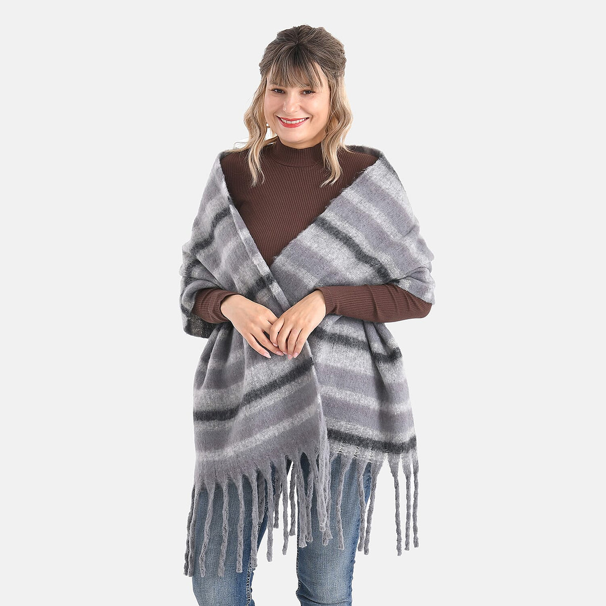 Striped Soft Touch Large Shawl with Tassel (180 x 50 cm) - Grey