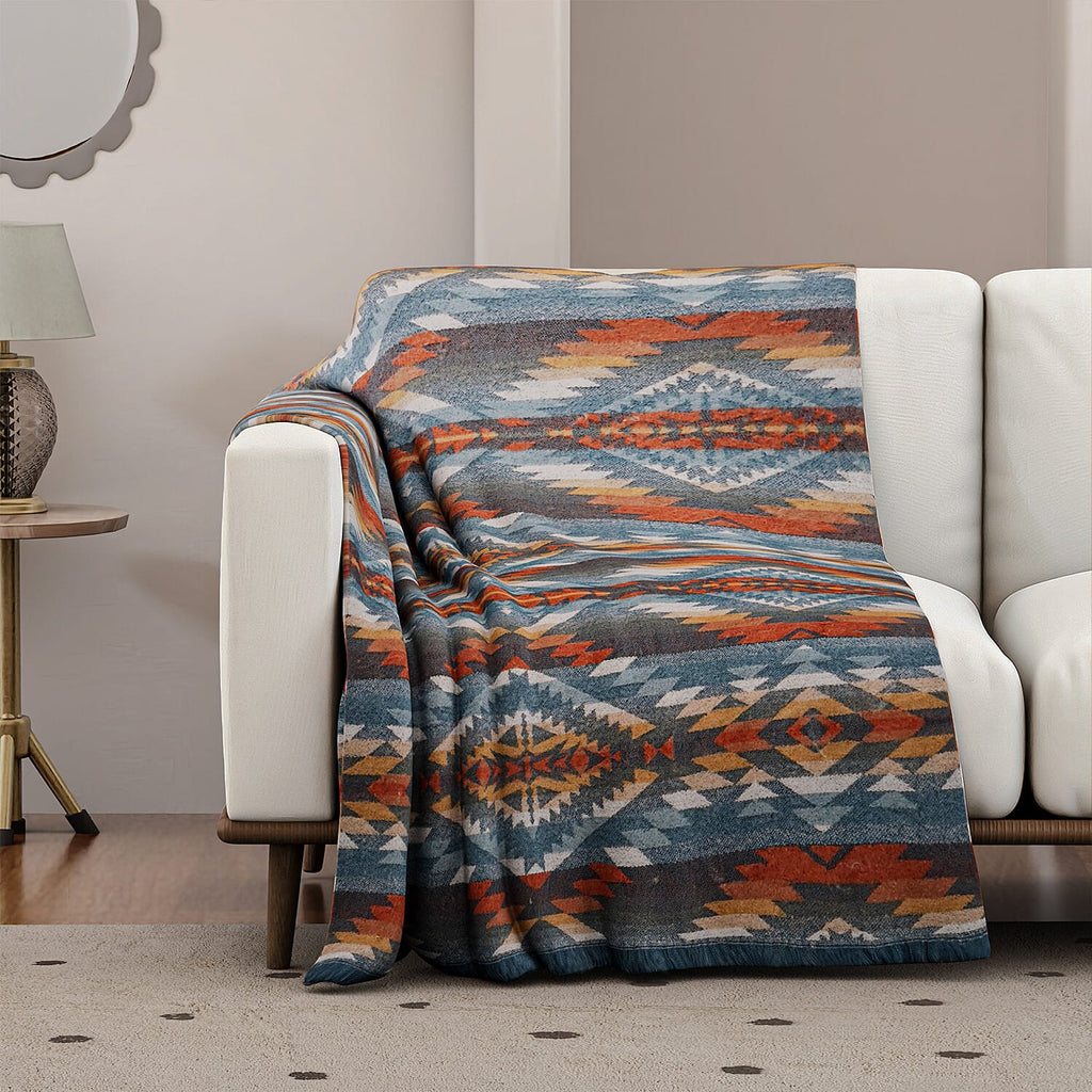 Striped Pattern Knitted Aztec Throw Cozy Blanket (50x70 inch) - Green & Orange