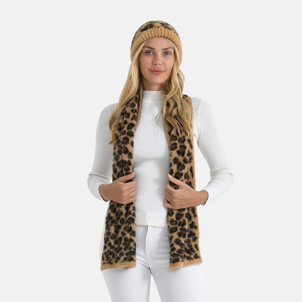 Styled By 2 Piece Leopard Print Scarf and Hat (One Size) - Brown
