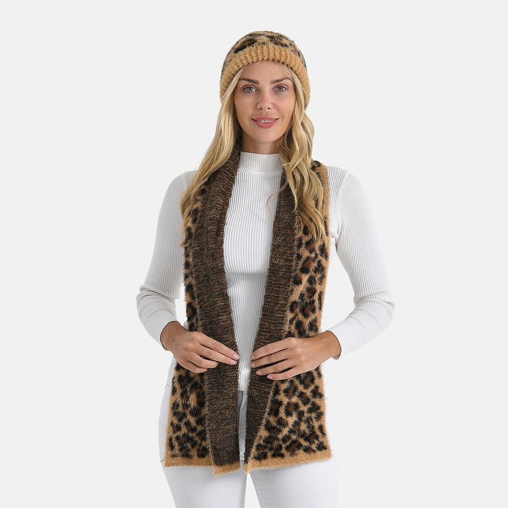 Styled By 2 Piece Leopard Print Scarf and Hat (One Size) - Brown