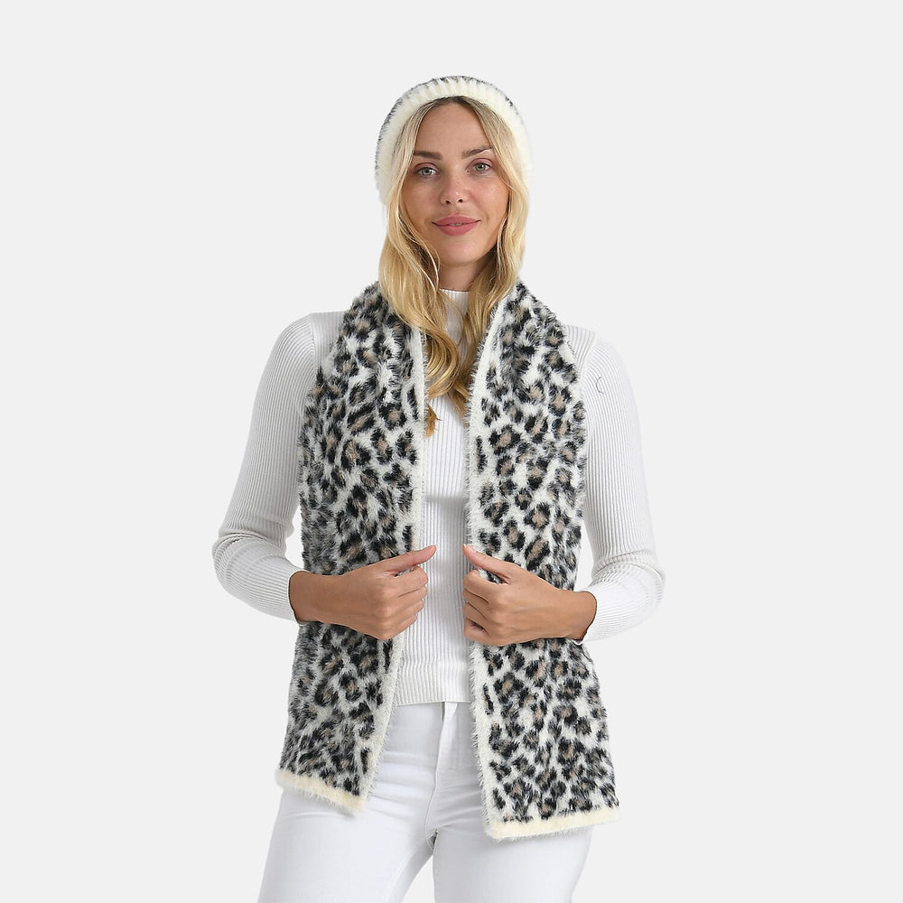 Designer Inspired -Styled By 2 Piece Leopard Print Scarf and Hat (One Size) - White