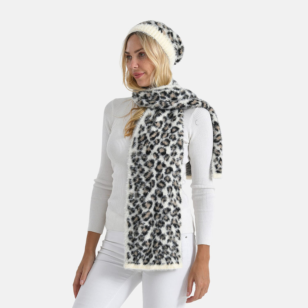 Designer Inspired -Styled By 2 Piece Leopard Print Scarf and Hat (One Size) - White