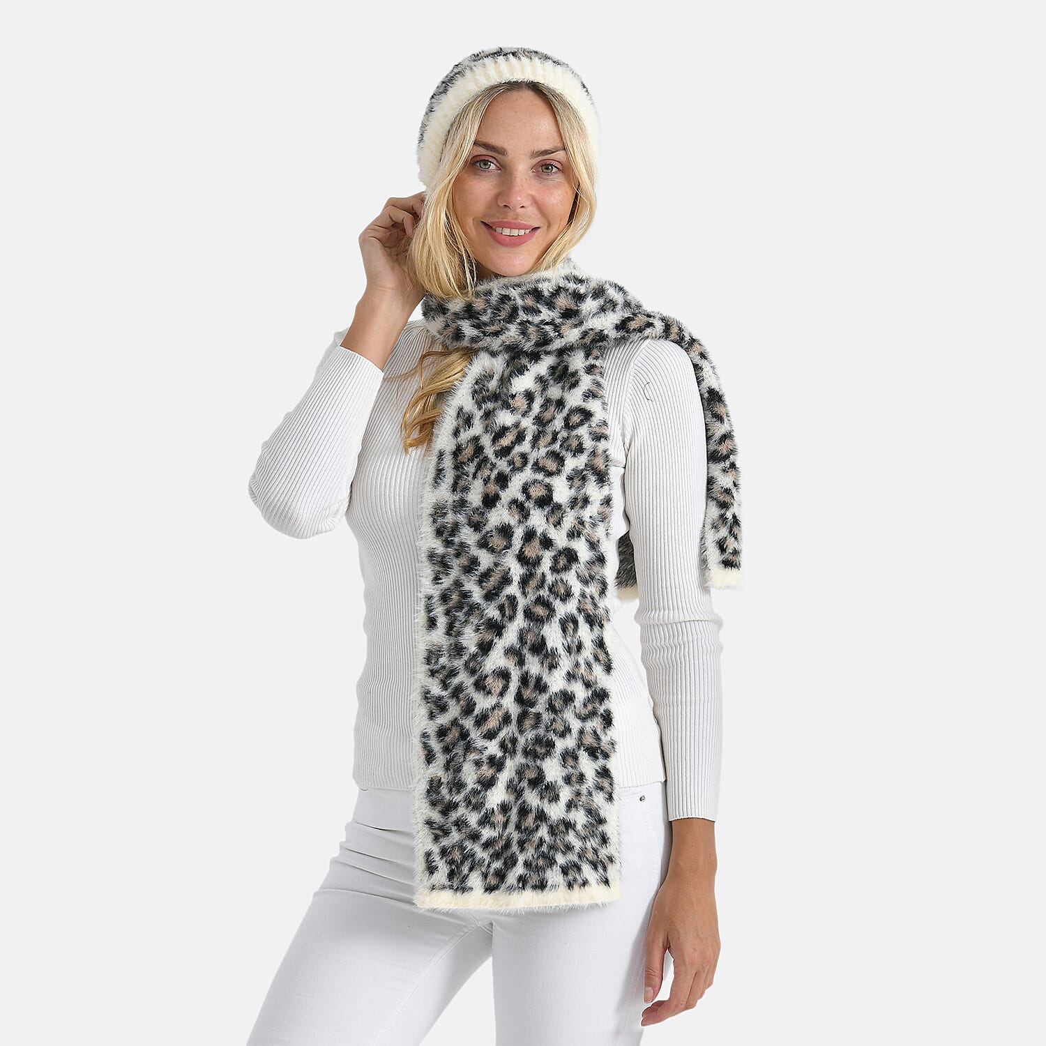 Designer Inspired -Styled By 2 Piece Leopard Print Scarf and Hat (One Size) - White
