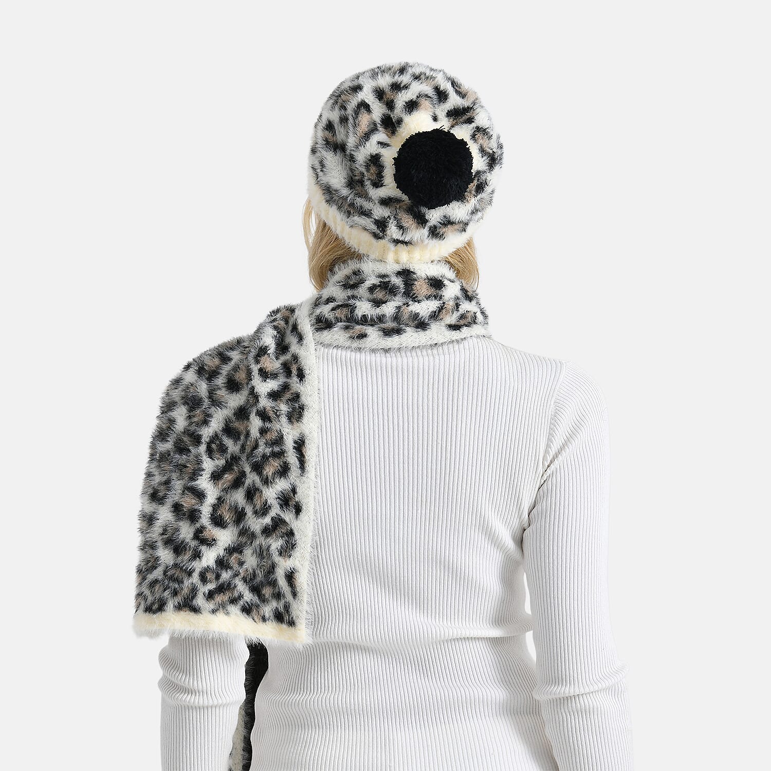 Designer Inspired -Styled By 2 Piece Leopard Print Scarf and Hat (One Size) - White