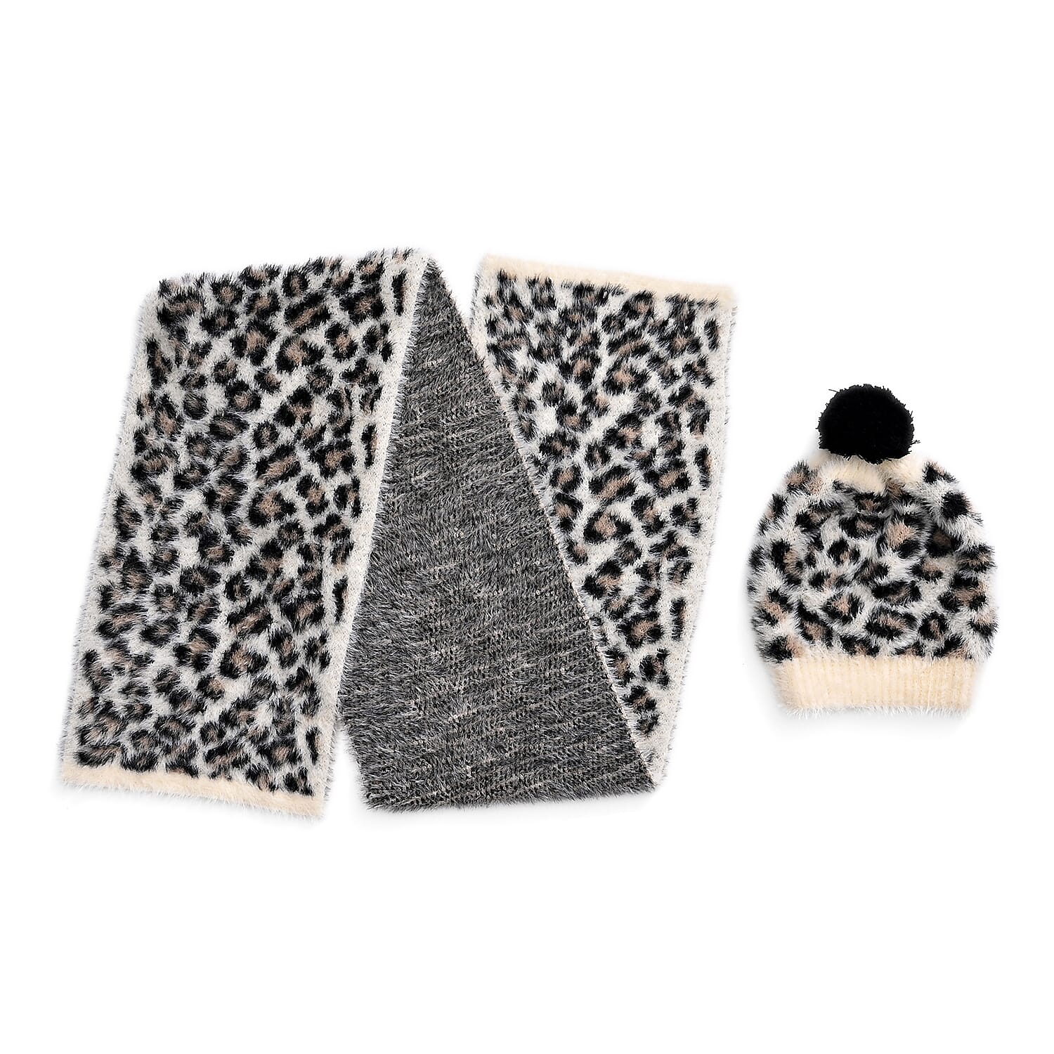 Designer Inspired -Styled By 2 Piece Leopard Print Scarf and Hat (One Size) - White