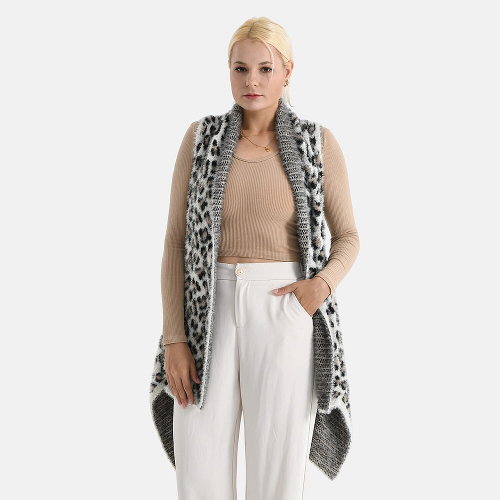 Styled By Leopard Print Sleeveless Waterfall Draped Cardigan (Fits UK 10-18) - White