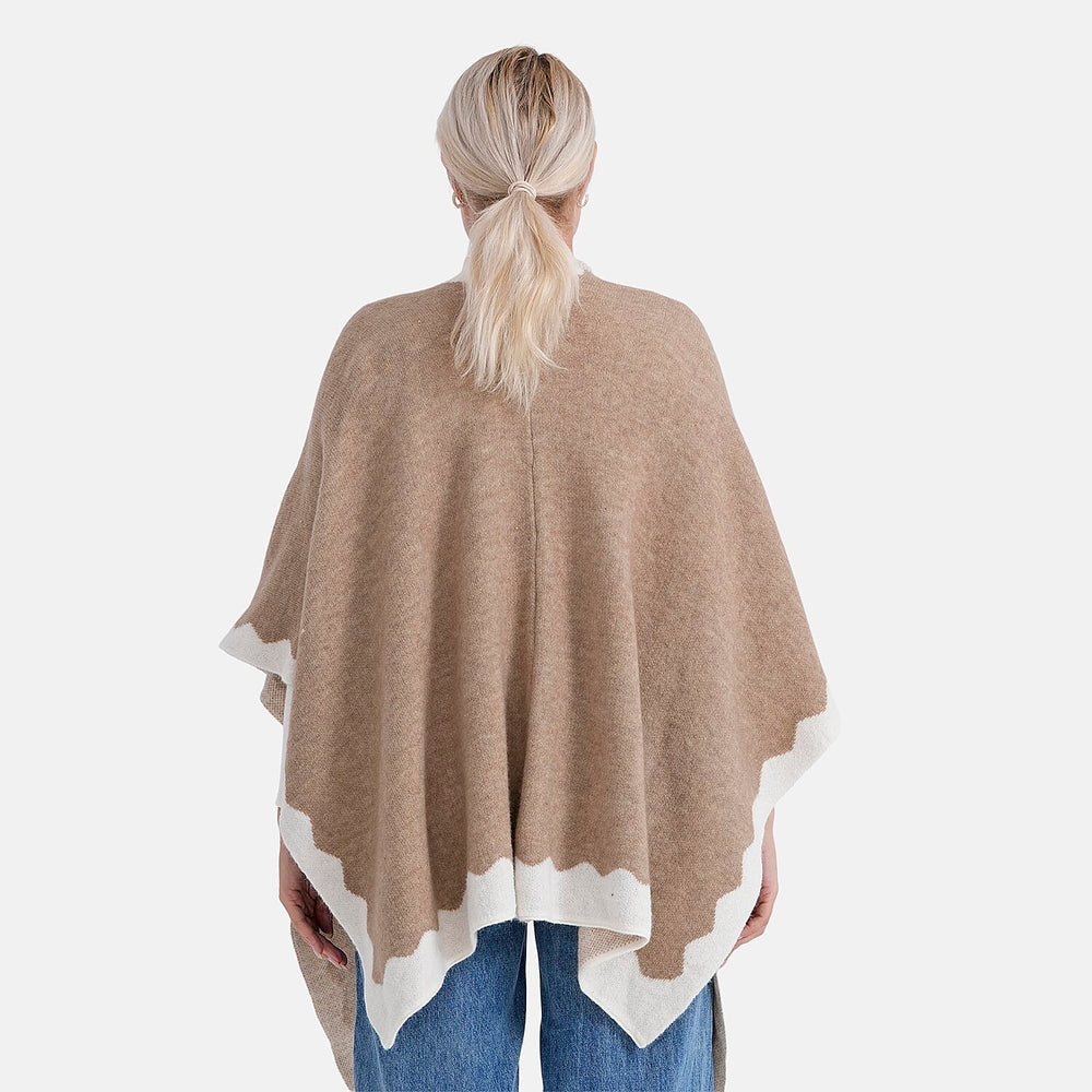 Styled By Knit Cape with Contrasting Scalloped Edge (One Size) - Beige