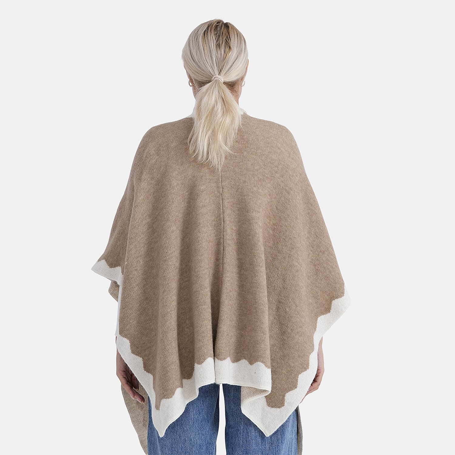 Styled By Knit Cape with Contrasting Scalloped Edge (One Size) - Beige
