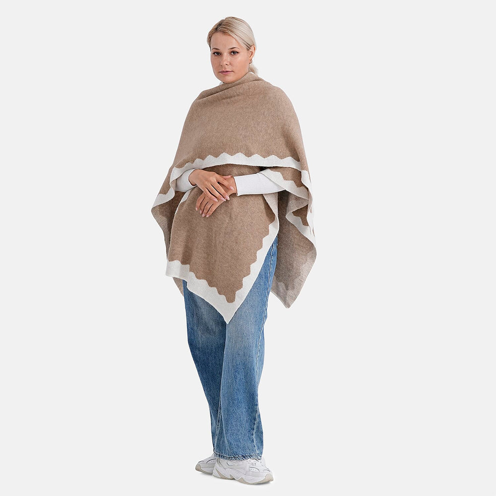 Styled By Knit Cape with Contrasting Scalloped Edge (One Size) - Beige