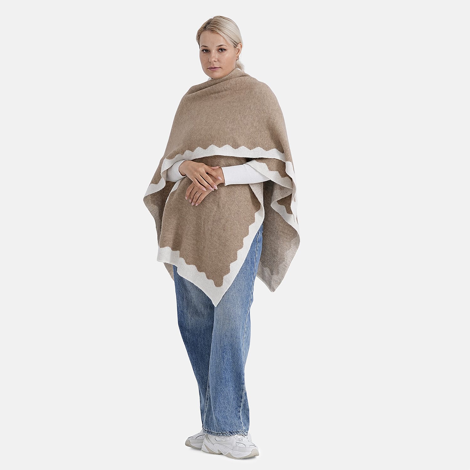 Styled By Knit Cape with Contrasting Scalloped Edge (One Size) - Beige
