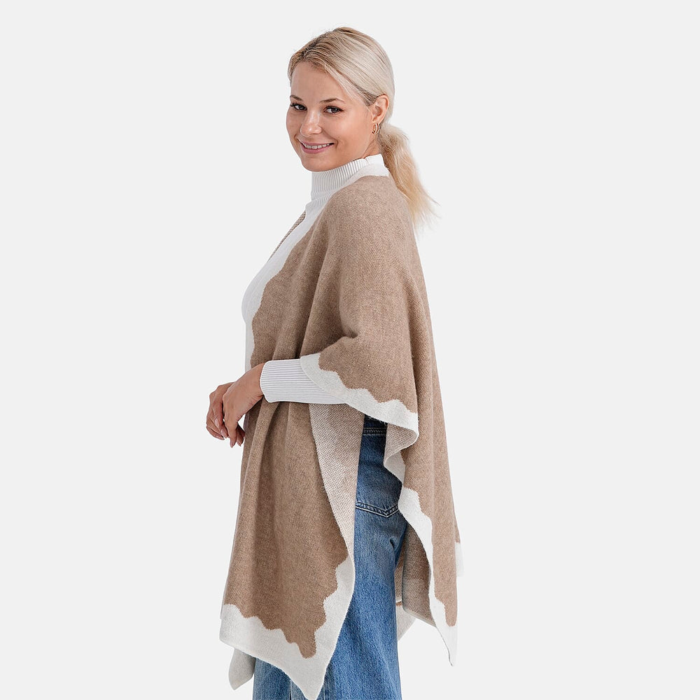 Styled By Knit Cape with Contrasting Scalloped Edge (One Size) - Beige