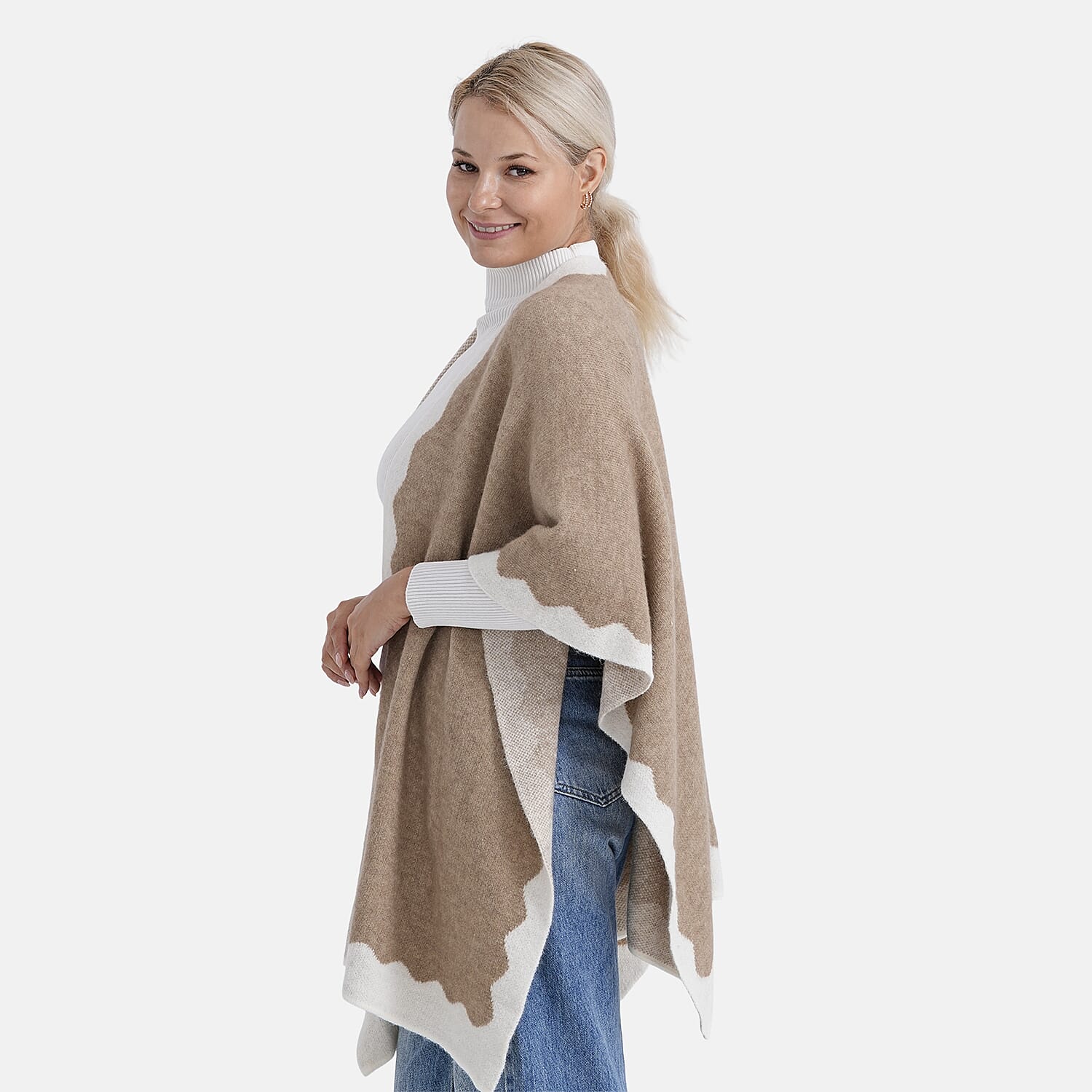 Styled By Knit Cape with Contrasting Scalloped Edge (One Size) - Beige