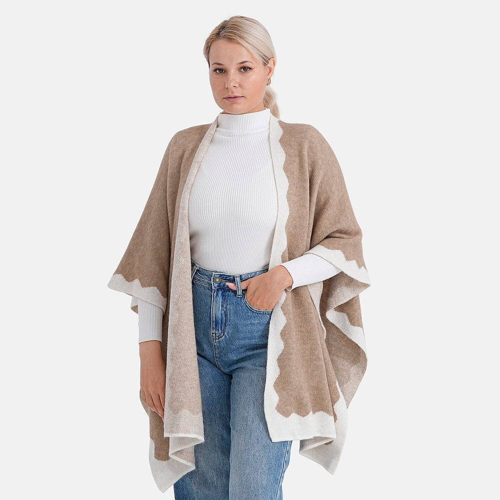 Styled By Knit Cape with Contrasting Scalloped Edge (One Size) - Beige