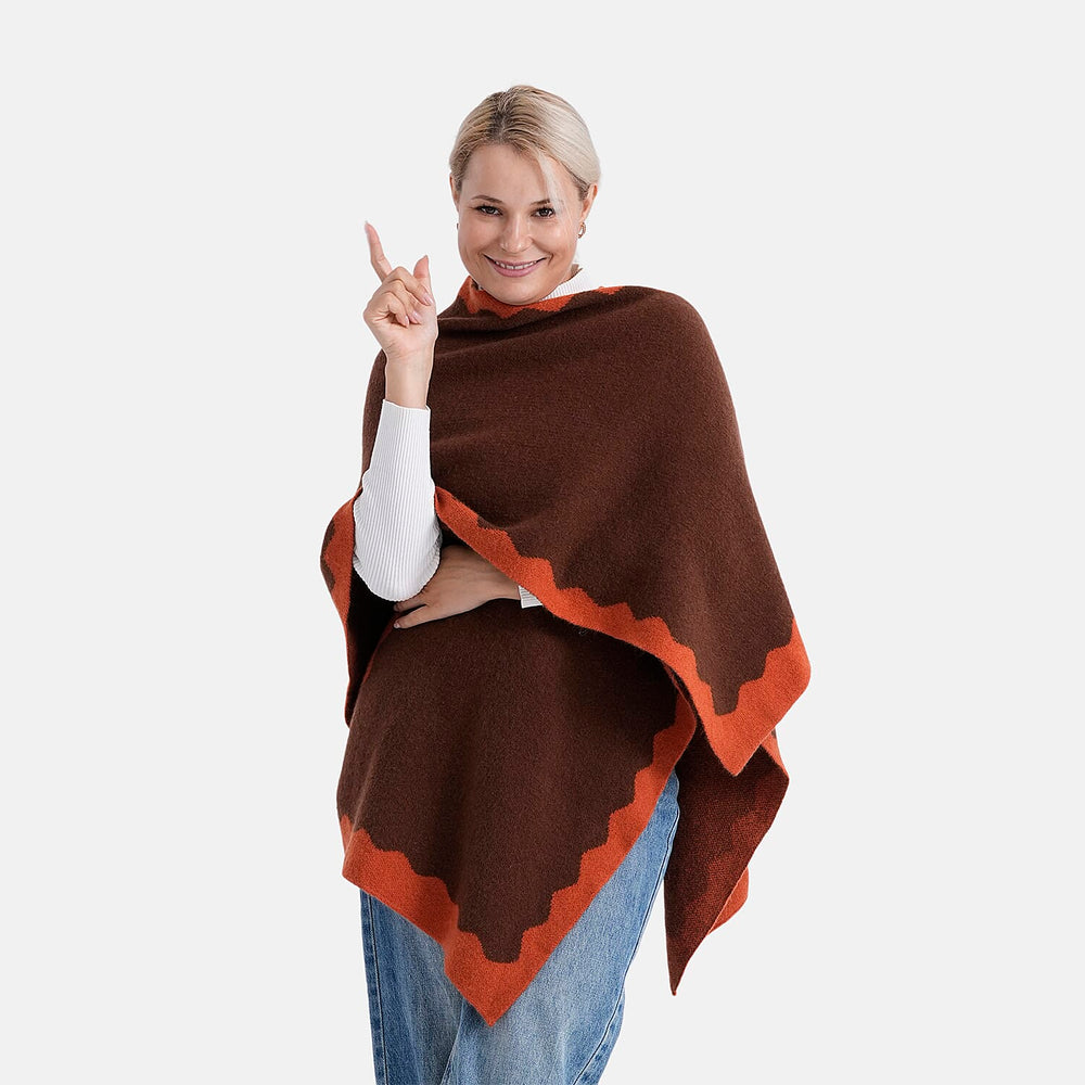 Styled By Knit Cape with Contrasting Scalloped Edge (One Size) - Orange
